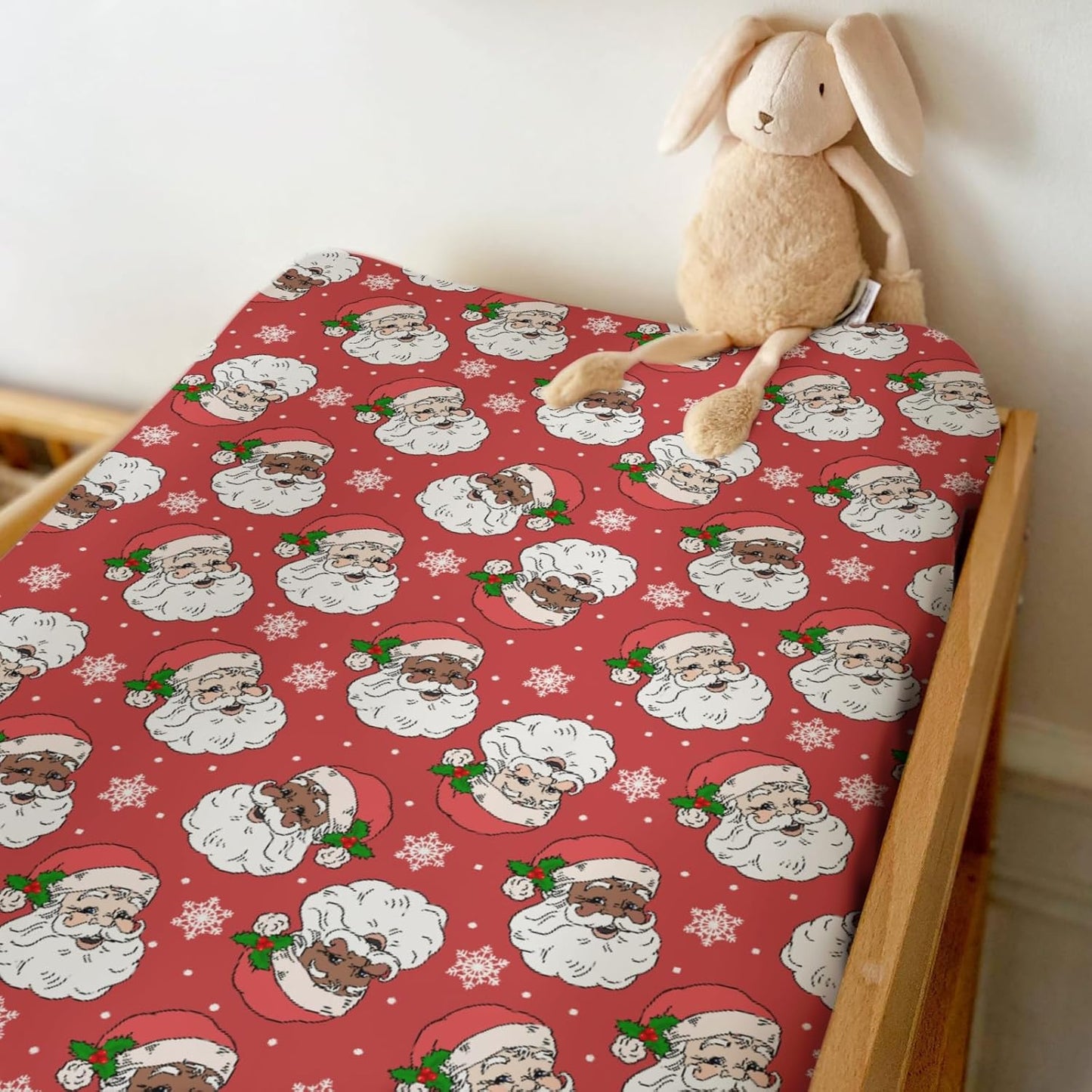 Christmas Santa Claus Snowflakes Baby Changing Pad Covers for Boy Girl Cute Red Santa Fir Leaves Fitted Changing Table Cover Mats Winter Holiday Festive Soft Diaper Change Table Sheets 32''×16''