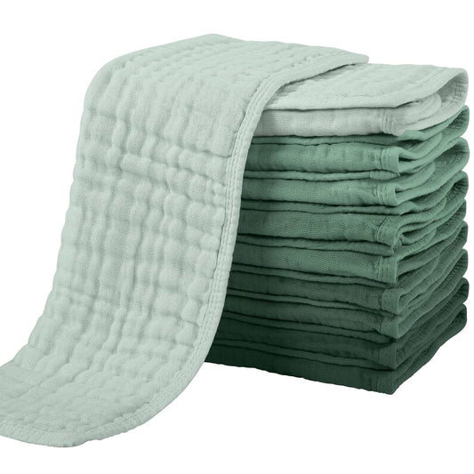 Yoofoss Muslin Burp Cloths for Baby 10 Pack 100% Organic Cotton Baby Washcloths for Boys Girls Large 20''X10'' Super Soft and Absorbent Gradient Green