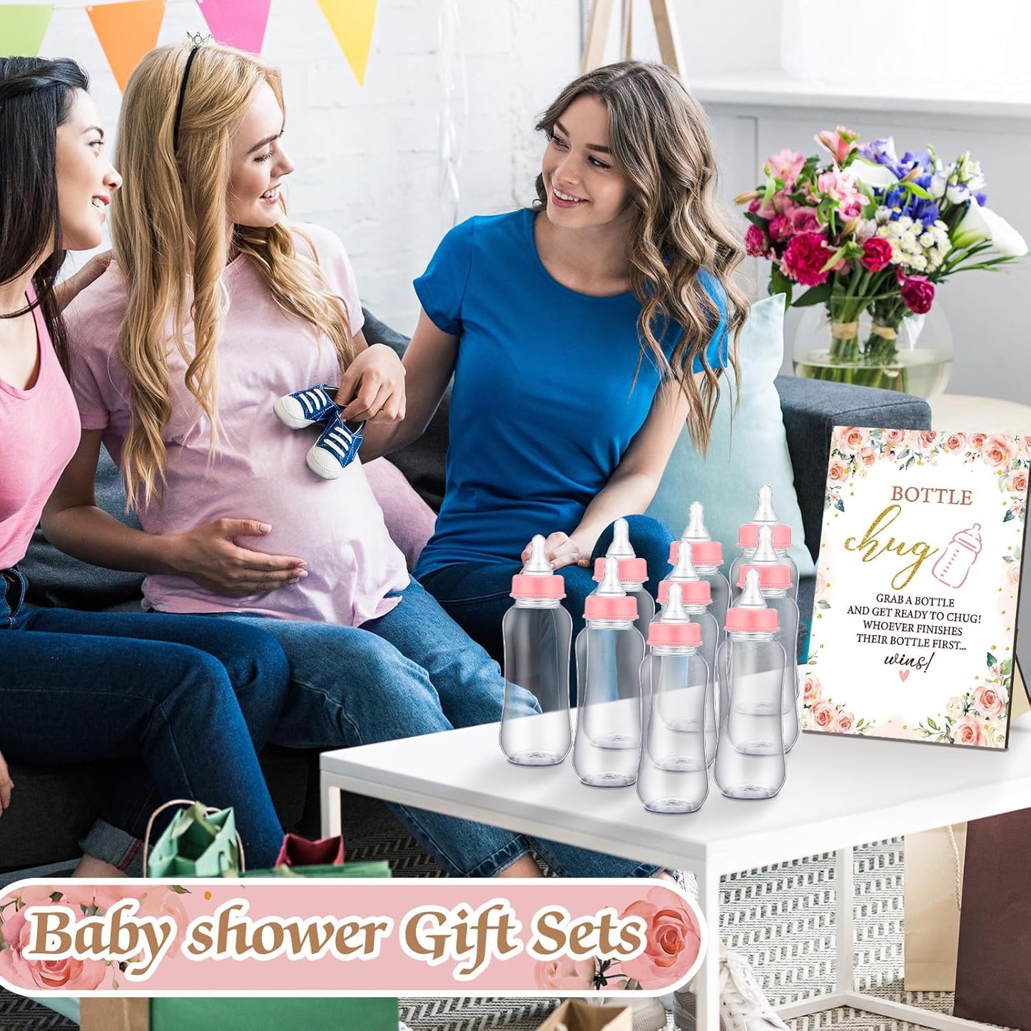 TrelaCo Floral Cool Baby Shower Games Bottle Chug Sign Wooden Floral Gift Sets Gender Reveal Party Favors and 12 Pcs Baby Bottle Shower Favor for Games Gender Reveal
