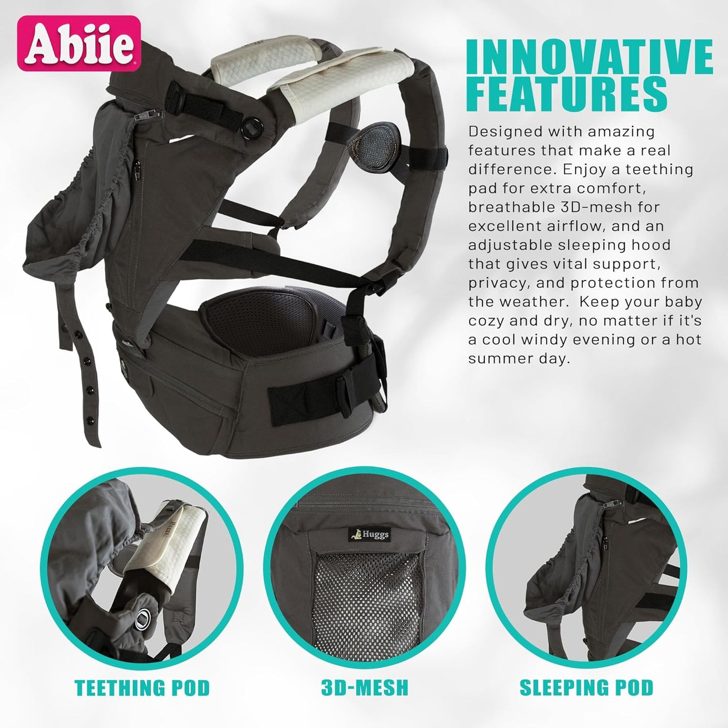 Abiie HUGGS 3-in-1 Baby Carrier w/Hip Seat - Front Facing, Hip Hugger, Back Baby Carrier - Healthy Sitting (M) Position, 3 Mos.-Toddler - Buckle Type Closure - Approved by US Safety Standards - Gray