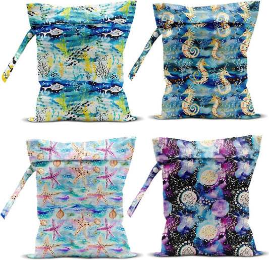 4 Pack Wet Bag for Swimsuit, Beach Travel Essentials Wet Dry Bag, for Sunscreen Toiletry Dirty Clothes Yoga Gym Diaper, Friend Summer Beach Vacation Gifts. Ocean Series