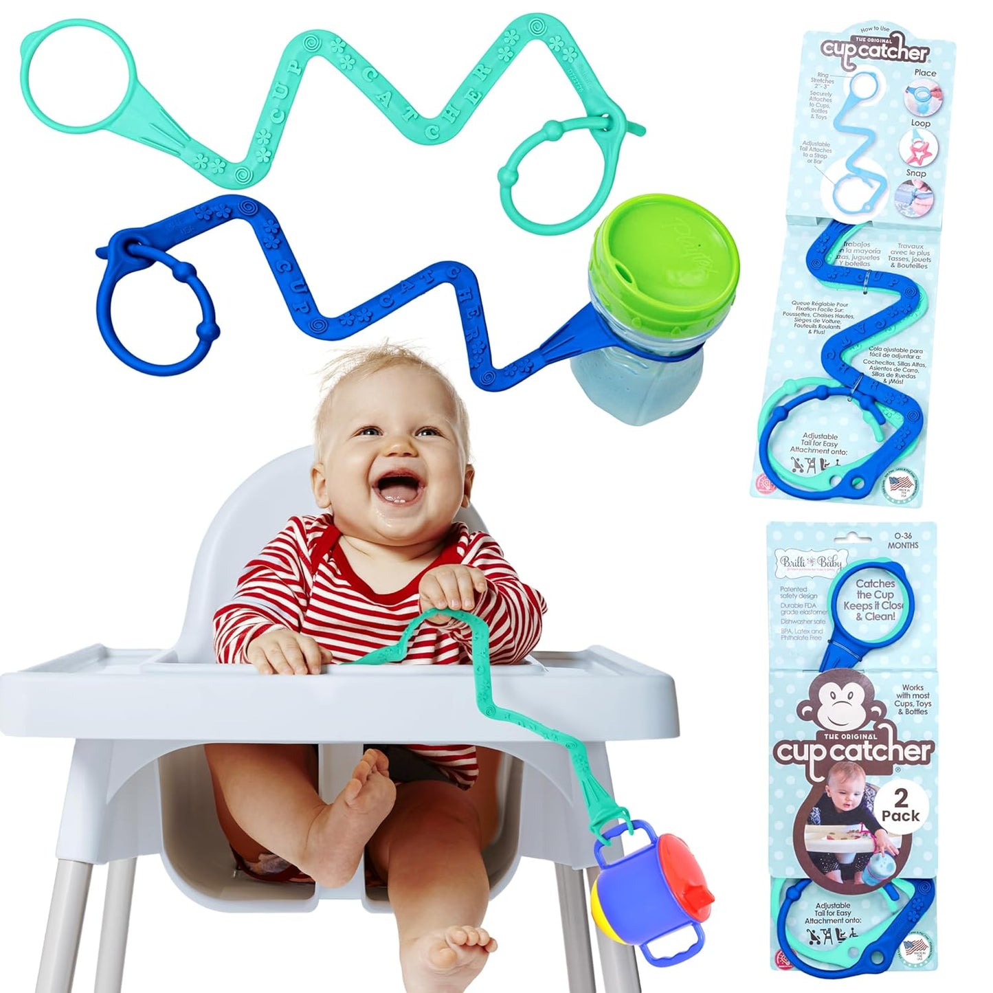 Brilli Baby Cup Catcher Patented Safety Tether Strap, Attach Sippy Cups, Bottles, Pacifiers & More to Stroller, High Chair, Car Seat, Made in USA, Food Grade, Dishwasher Safe (Aqua & Navy)