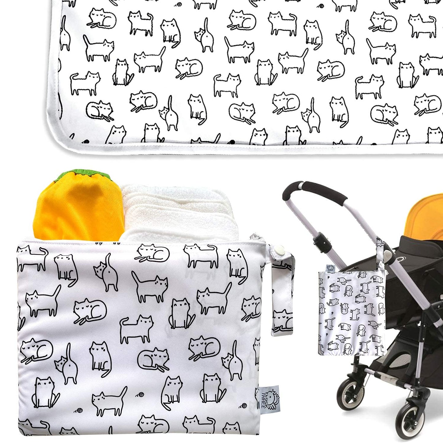 Flock Three Waterproof Baby Diaper Changing Pad with Storage Bag (28.7" X 19.7") Washable Wipeable Reusable Leak Proof Diaper Travel Mat Station Changing Mattress Liner Cribs Bed Cover, Cats