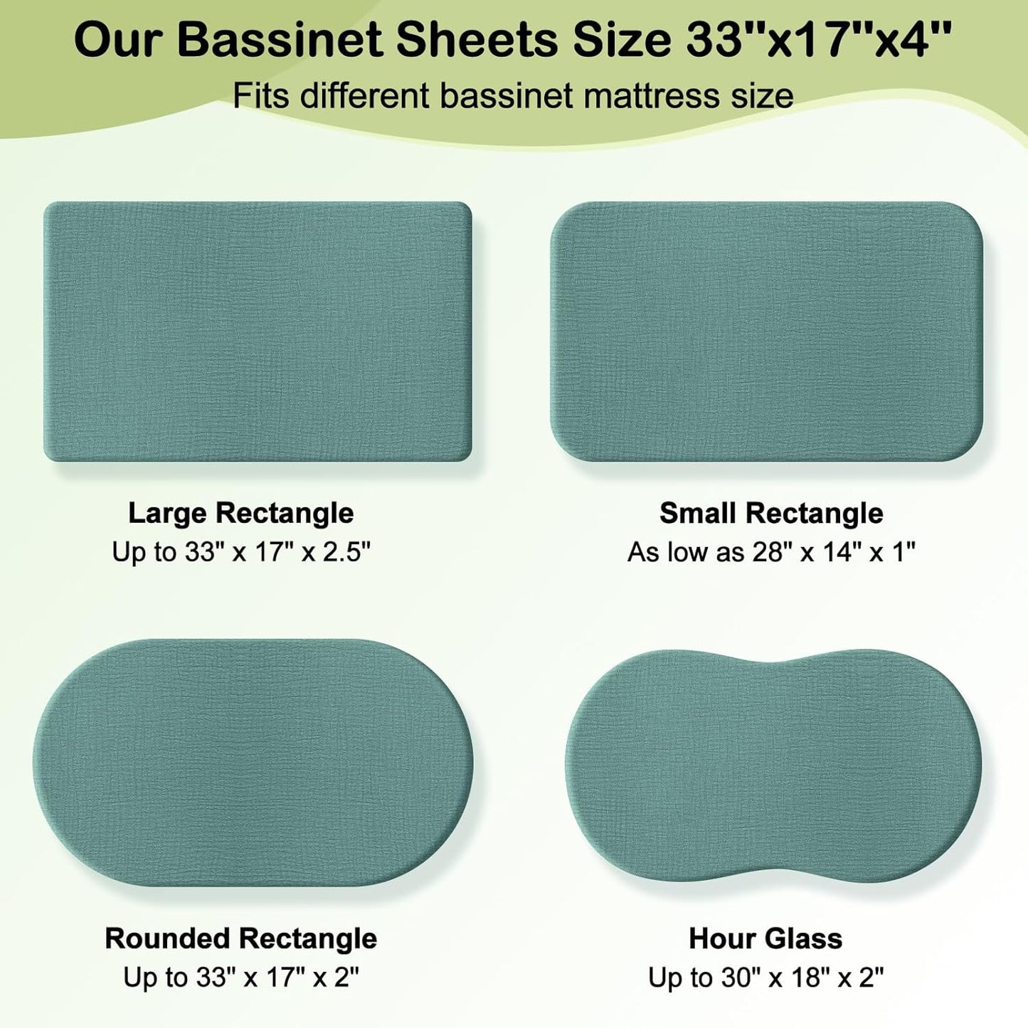 Baby Bassinet Sheets TPU Waterproof 2 Pack Soft Muslin Bedside Bassinet Mattress Sheets with Bottom Elastic Band for Baby Boy Girls Unisex Fit Hourglass Oval and Rectangle, Green Ivory