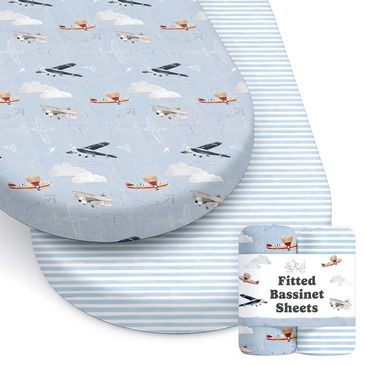 Baby Bassinet Sheets for Boy, Girl (Airplanes & Clouds) 2-Pack - Fitted Bedside Bassinet Sheets - Buttery Soft Cotton Blend for Standard Mattress Pad