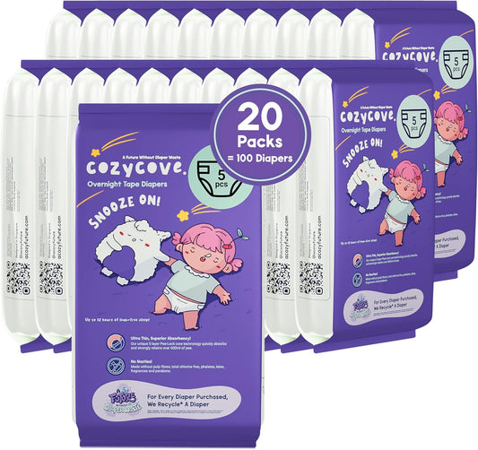 Cozycove Travel Pack Size 5 Tape Diapers Carton, Snooze On Slim Overnight Tape Diapers, Size 5 (28-39 lbs), Carton, 100 Count (20 Packs of 5)