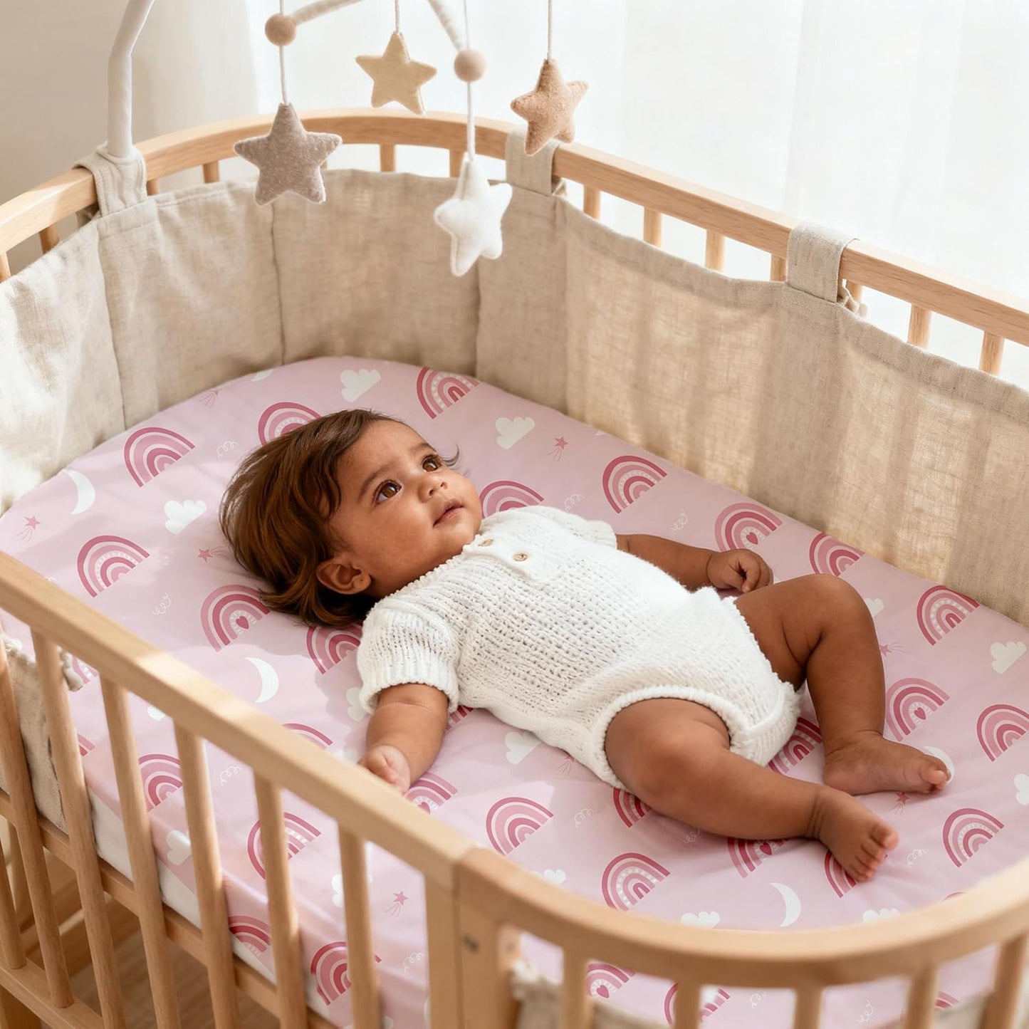 Bassinet Sheets for Baby Girl 32 * 16, 3 Pack Soft Breathable Baby Bassinet Mattress Sheets Fit for Hourglass Oval Cradle, Moses Basket Rectangle Mattress (Rainbow, Pink)
