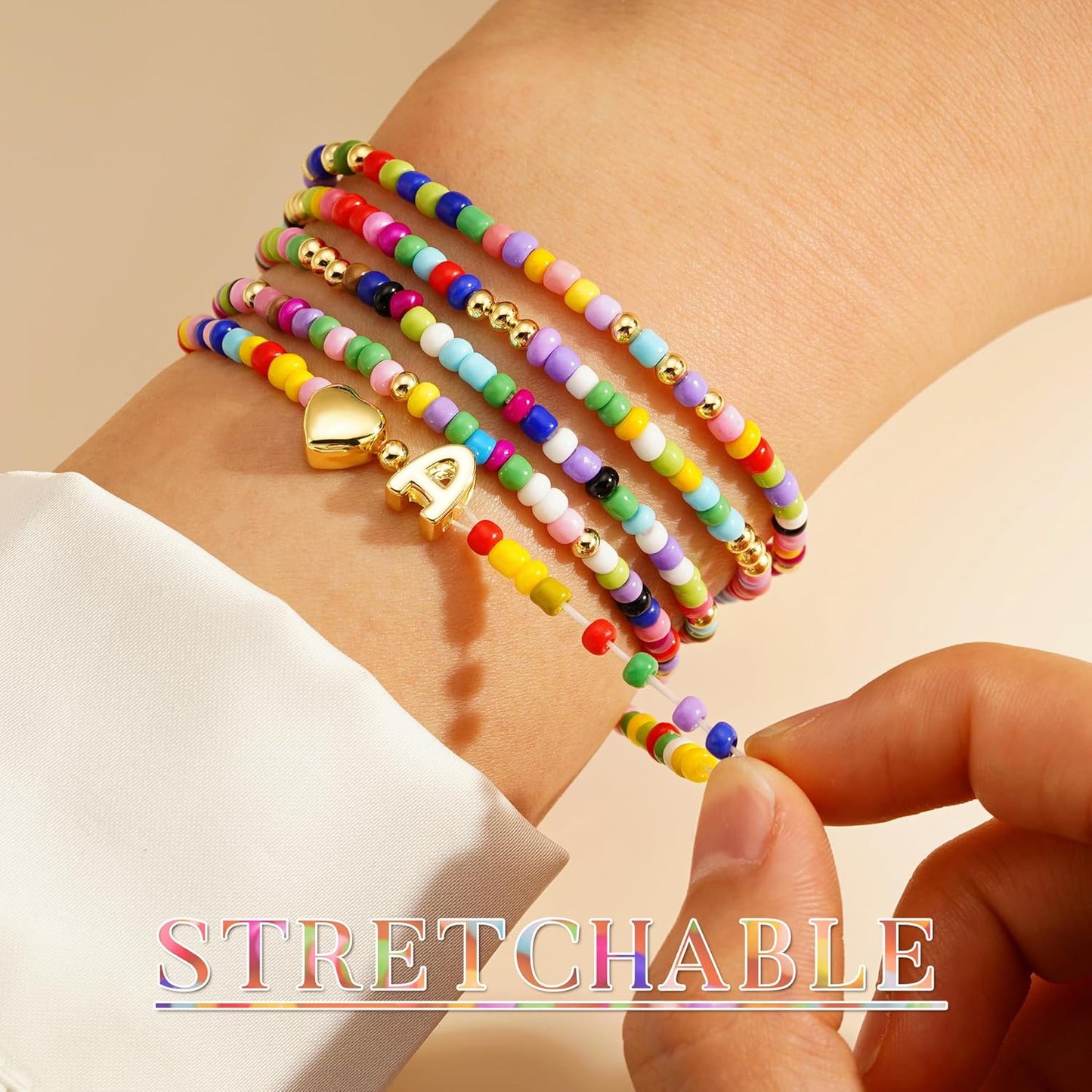 M MOOHAM Stocking Stuffers for Kids Girls Teen - 5PCS Colorful Beaded Initial Bracelets for Women Girls, Cute Stretch Heart Letter Bohemian Stackable Bracelet Birthday Gifts Jewelry for Kids Teen Girl
