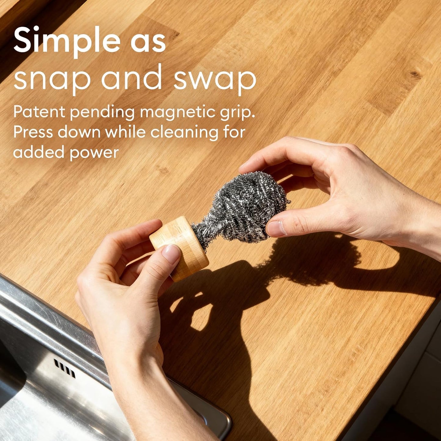 Vove Magnetic Scourer, Stainless Steel Scrubber with FSC-Certified Bamboo Handle, 3 Replacement Pads, Neodymium Magnet, for Cast Iron, Pots & Pans, Griddles, Grills, Plastic-Free Eco-Friendly Cleaner