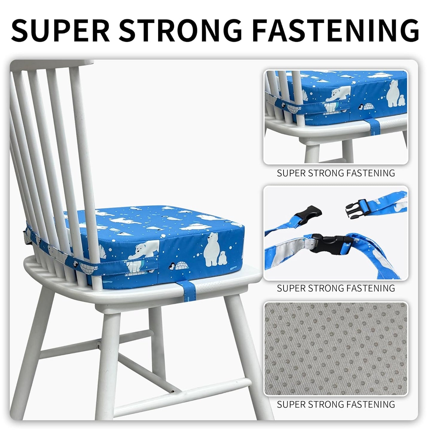 Toddler Booster Seat for Kitchen Chair, 3.5" Oxford Foam Cushion, Non-Slip Base, Adjustable Straps, Portable Dining Booster for Self-Feeding Toddlers at Home or on The Go (Polar Bear)
