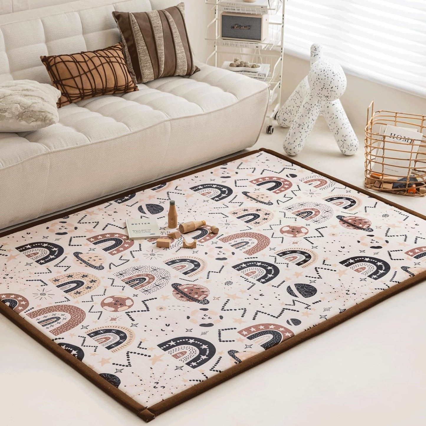 Loartee Rainbow Kids Play Mat - 1" Thick Baby Nursery Rug, Soft Crawling Mat for Toddlers and Tummy Time, Coral Velvet Memory Foam Rug, Brown, 50"x50"