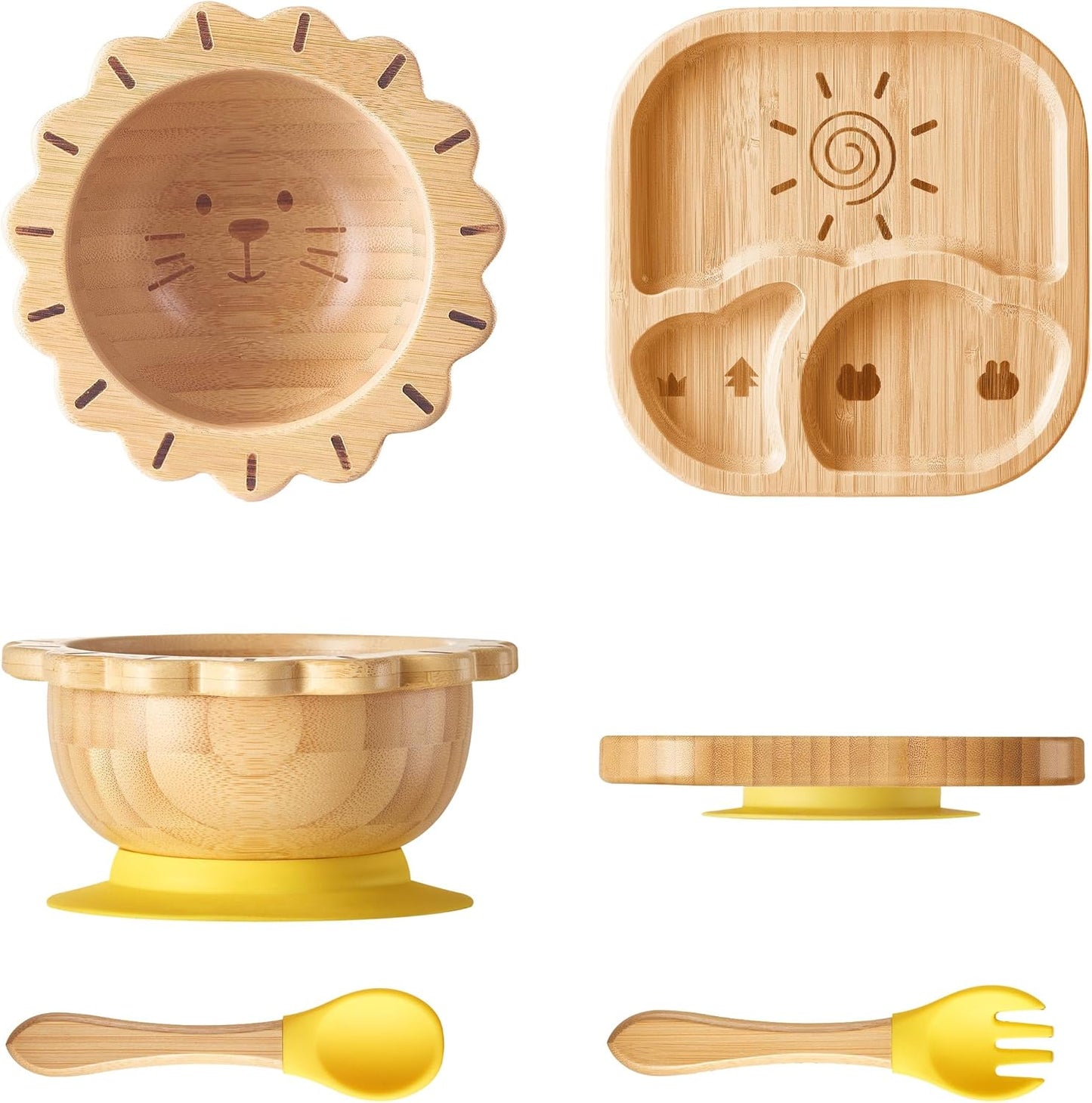 Suction Plates Bowls Set for Baby Toddler Non-Toxic Bamboo Feeding Set with Silicone Fork & Spoon (Yellow Feeding Set)