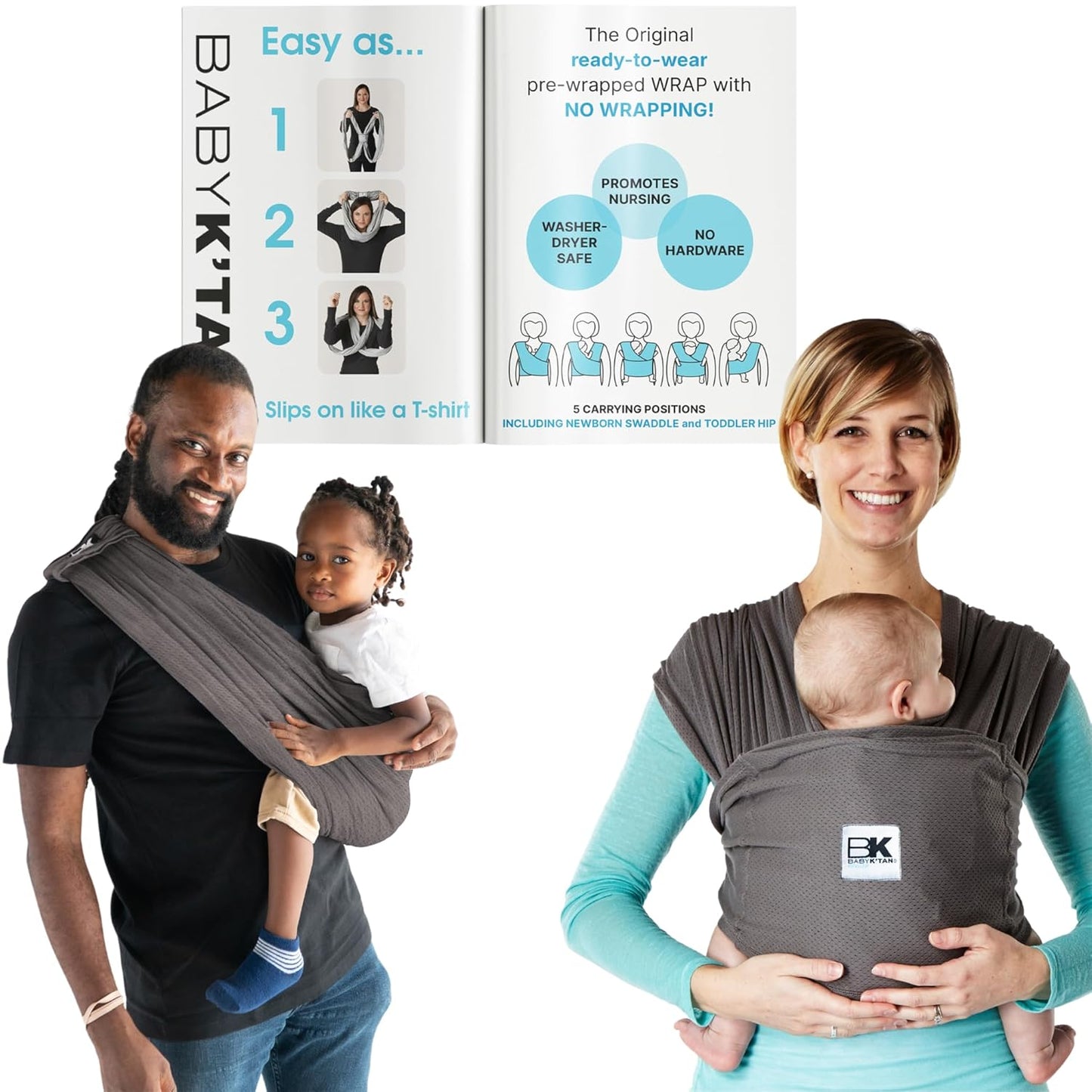 Breeze Baby K'tan Baby Carrier, #1 Easy Pre-Wrapped Baby Sling Gift | Breathable 100% Cotton Mesh | Hands Free Wrap for Infants | No Rings Or Buckles | Charcoal | Large