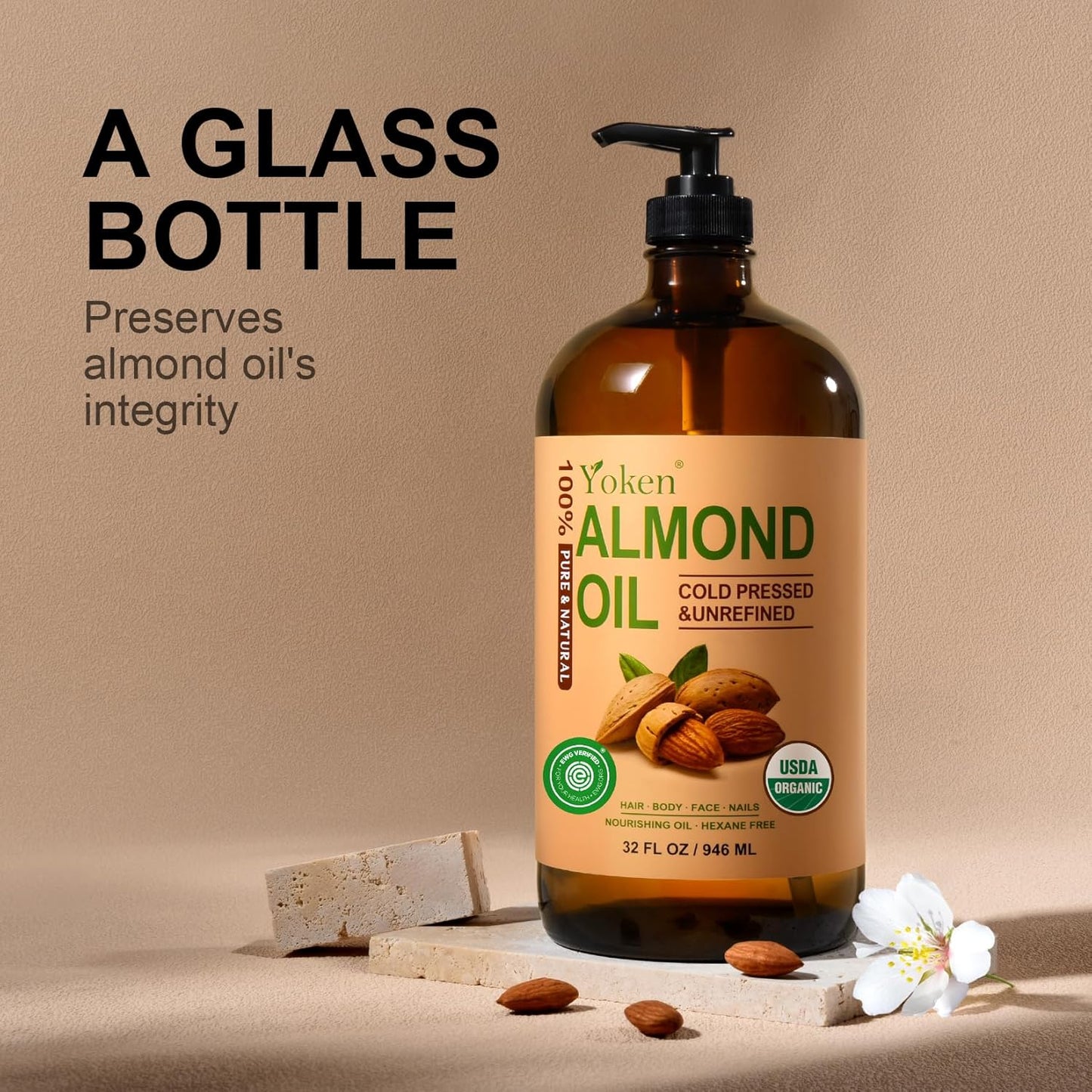 Organic Almond Oil 32 fl oz 100% USDA Pure Cold Pressed Glass Bottle Almond Oils for Skin, Hair, Face, Body Moisturizer, Smooth and Soft Skin, Base Carrier Oil for DIY, Massage