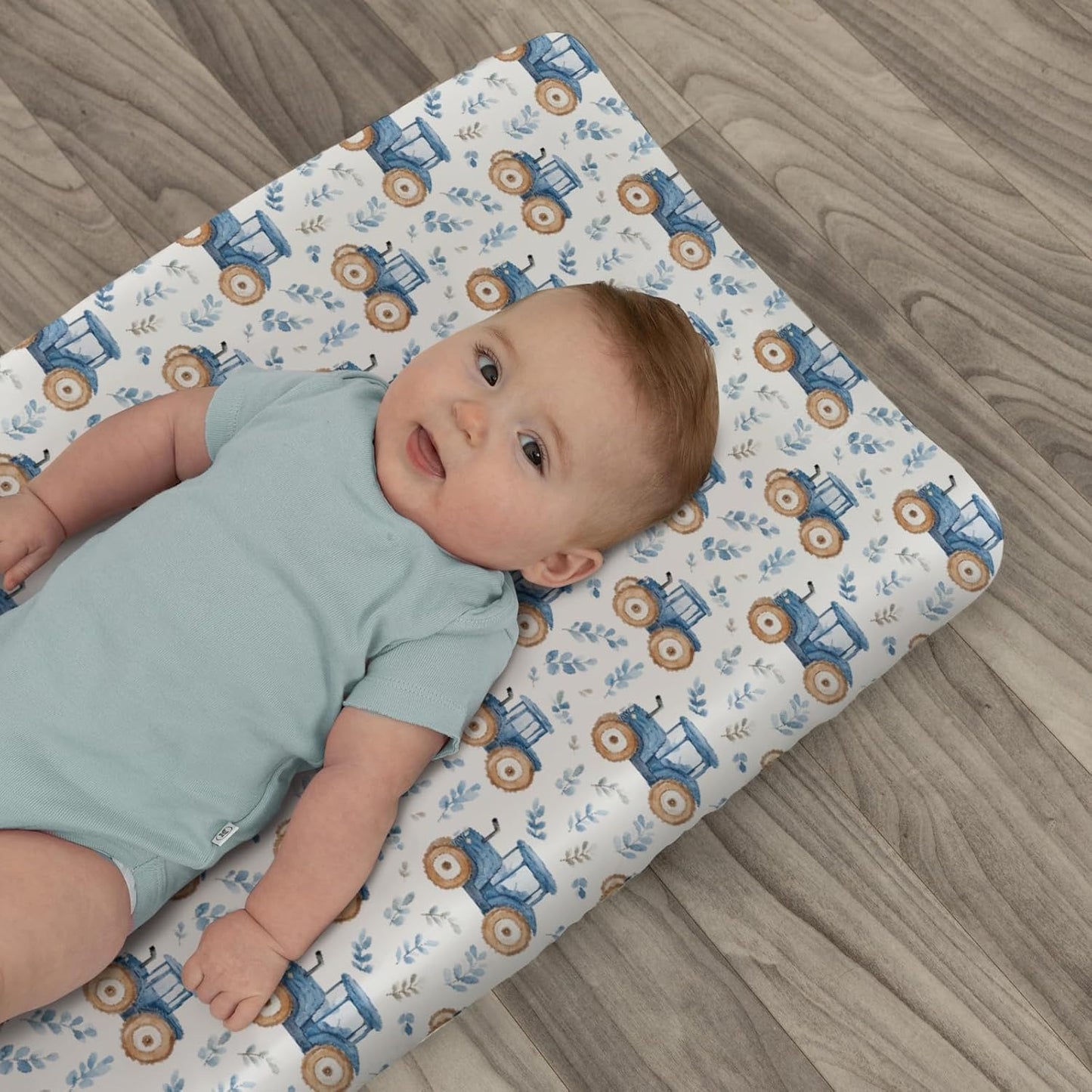 Watercolor Blue Tractors Baby Changing Pad Covers for Boy Girl Farm Tractors Boho Leaves Fitted Change Table Mats Farm Life Soft Diaper Change Table Cover Sheets for 32''×16'' Contoured Pad