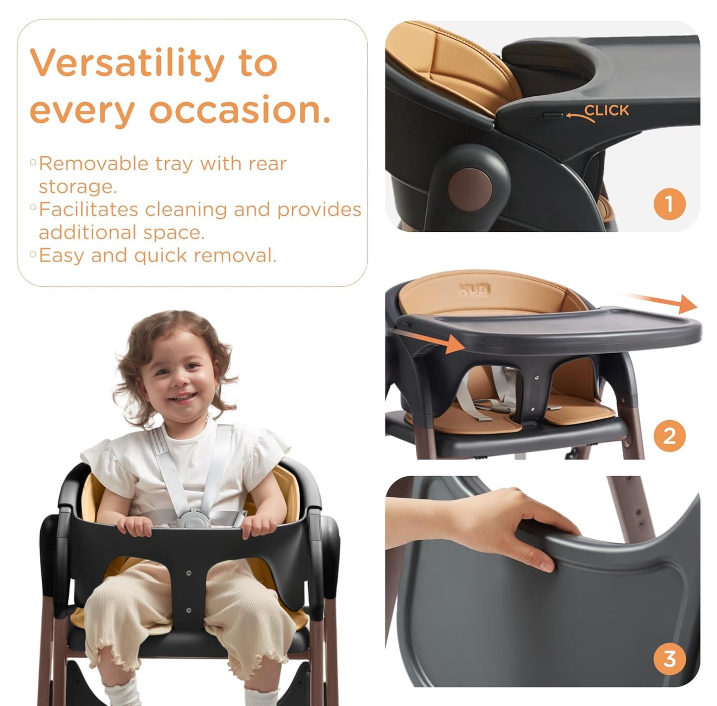 KUB High Chair for Babies and Toddlers Adjustable Foldable Convertible 5 Point Harness Easy Clean Wood-Printed Metal with Removable Tray Baby Highchair for Family (Black&Walnut Wood-Printed Metal)