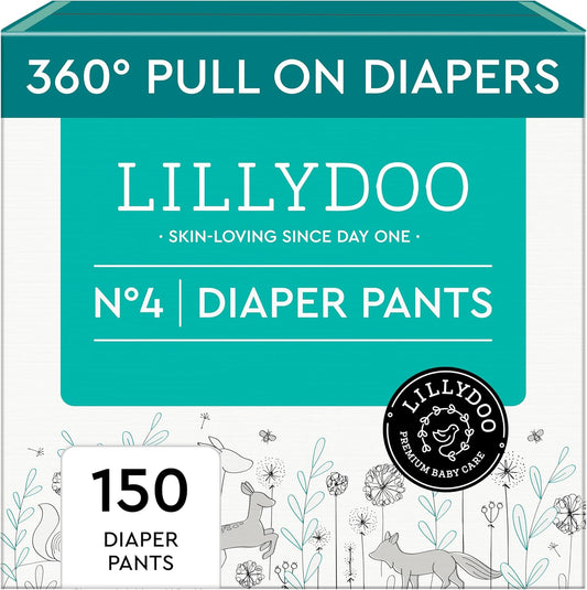 LILLYDOO Diaper Pants Toddlers - Size 4 (20-31 lbs), Monthly Supply (150 Count), Skin-Friendly, Ultrasoft, Chlorine-Free, Snug Fit & Absorbent Pull On Diapers