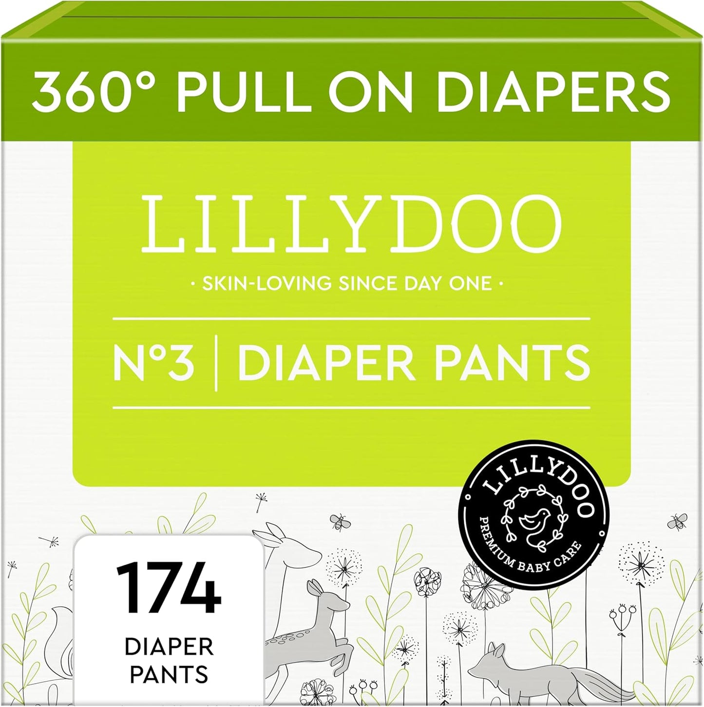 LILLYDOO Diaper Pants Toddlers - Size 3 (13-22 lbs), Monthly Supply (174 Count), Skin-Friendly, Ultrasoft, Chlorine-Free, Snug Fit & Absorbent Pull On Diapers