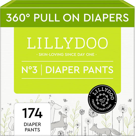 LILLYDOO Diaper Pants Toddlers - Size 3 (13-22 lbs), Monthly Supply (174 Count), Skin-Friendly, Ultrasoft, Chlorine-Free, Snug Fit & Absorbent Pull On Diapers