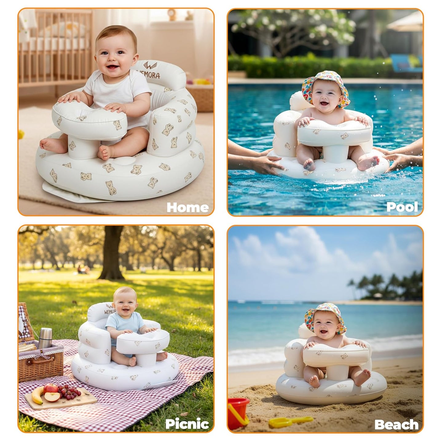 Inflatable Baby Seat for Babies 3-36 Months Blow Up Chair for Babies Infants Toddler Floor Sitting Up with Built in Air Pump (White, Bear)