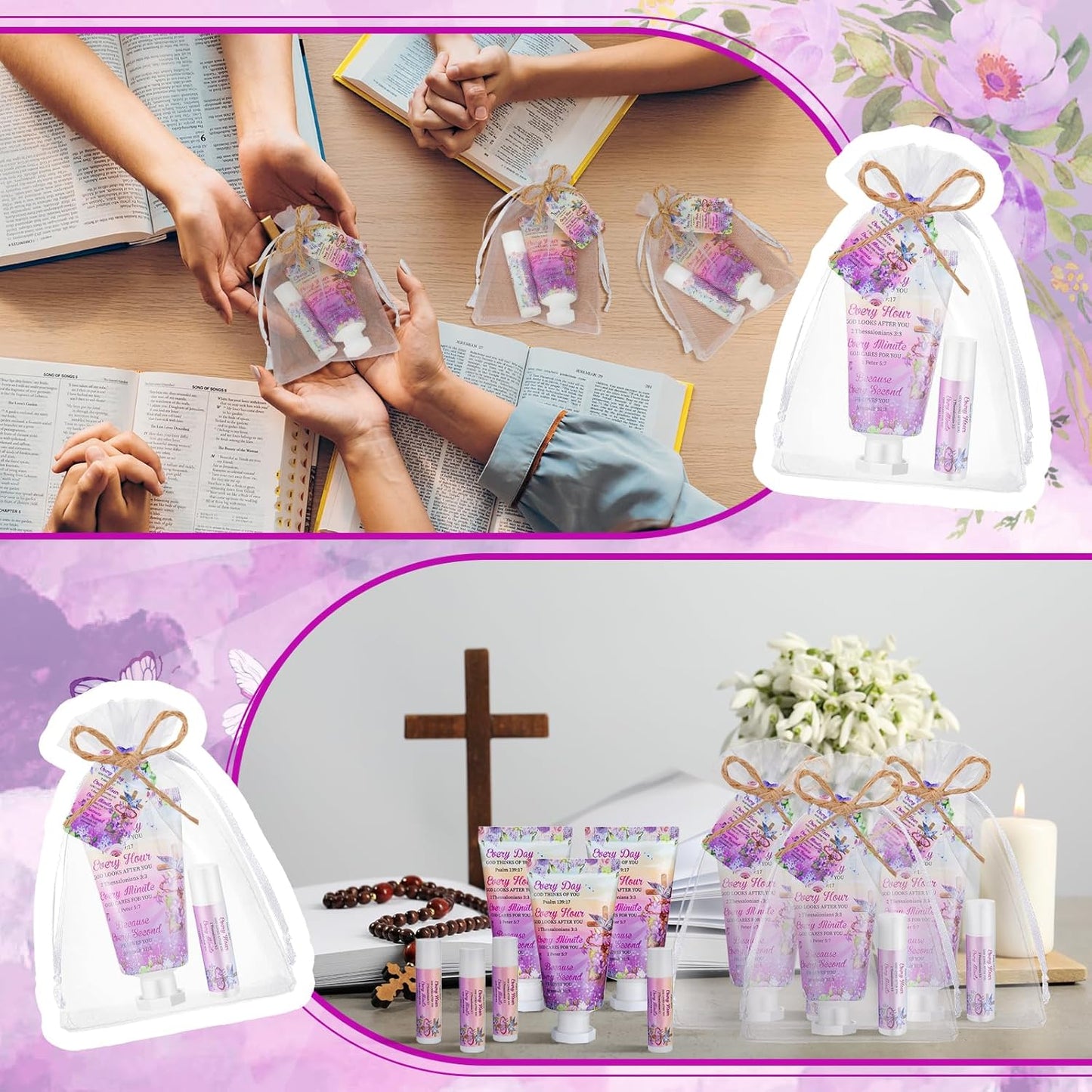 24 Sets Christian Hand Cream and Lip Balm Gift Set Christmas Christian Gift for Women Travel Size Hand Lotion Bible Verse Lip Balm Bulk for Baby Bridal Shower Mom Holiday Gift(Cross)