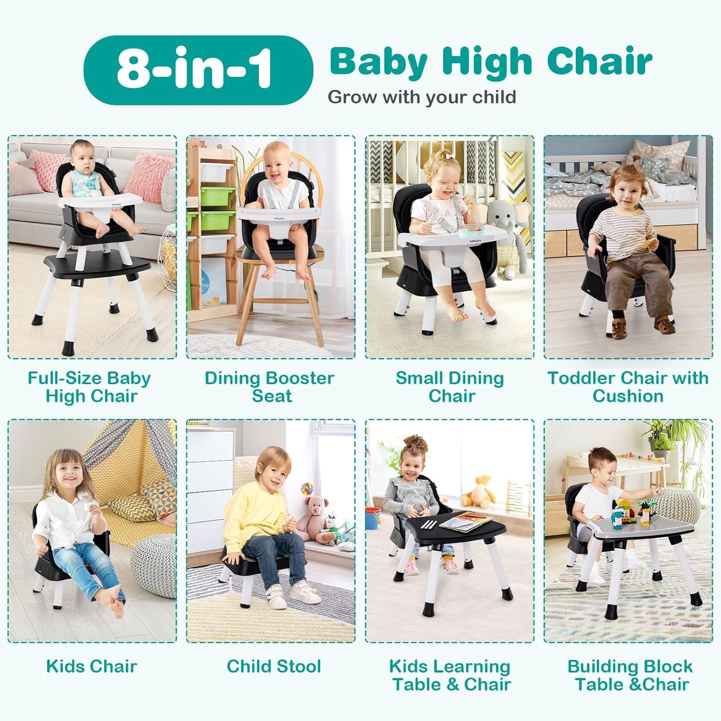 BABY JOY Baby High Chair, 8 in 1 Convertible Highchair for Babies & Toddlers | Booster Seat | Table and Chair Set | Building Block Table | Toddler Chair with Safety Harness, Removable Tray (Black)