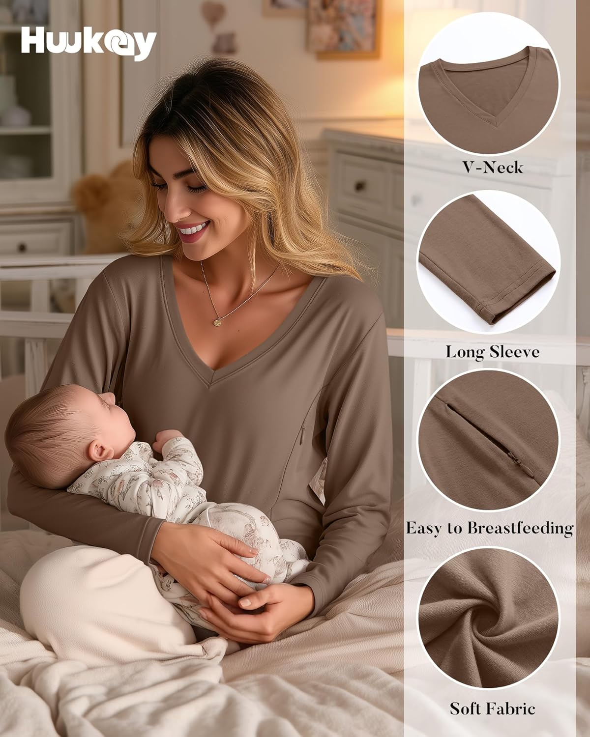 Huukeay 3 Pack Women's Long Sleeve Nursing Tops, Breastfeeding Hidden Zippers Shirts V Neck Maternity Pregnancy Tees Clothes