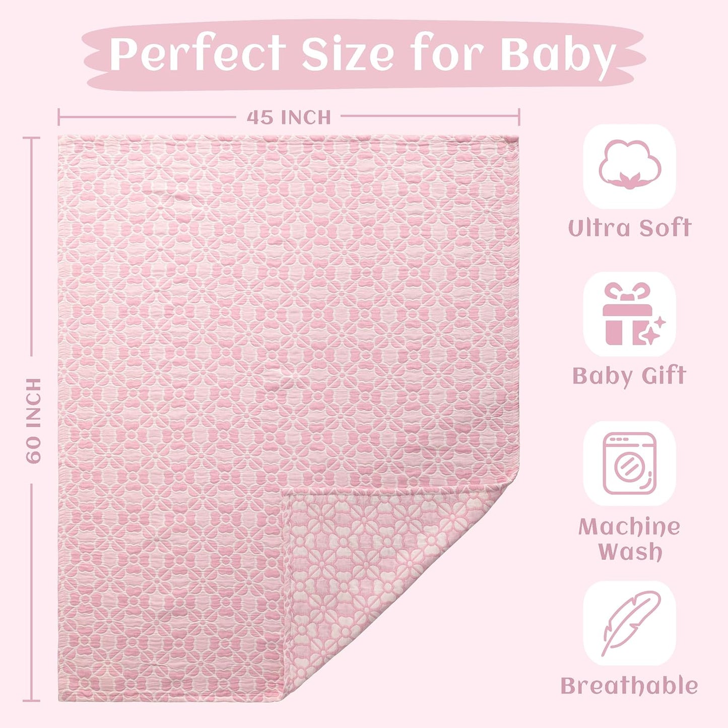 NTBAY 3 Layer Oversized Muslin Cotton Toddler Blanket, 45x60 Inches Jacquard Reversible Nursery Bed Blanket, Super Soft and Thermal Crib Blanket for All Seasons, Baby Gift, 45"x60", Pink Clover