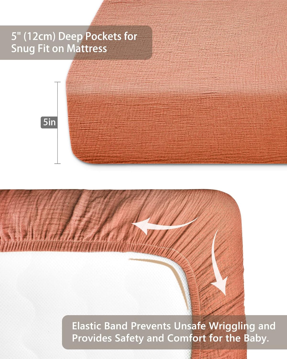 Mini Crib Sheets for Baby, Fitted Pack N Play Mattress and Mini Cribs 24" x 38", Neutral Muslin Cotton Mini Crib Mattress Sheet with Boho Style, Soft and Breathable Comfort (Brick)