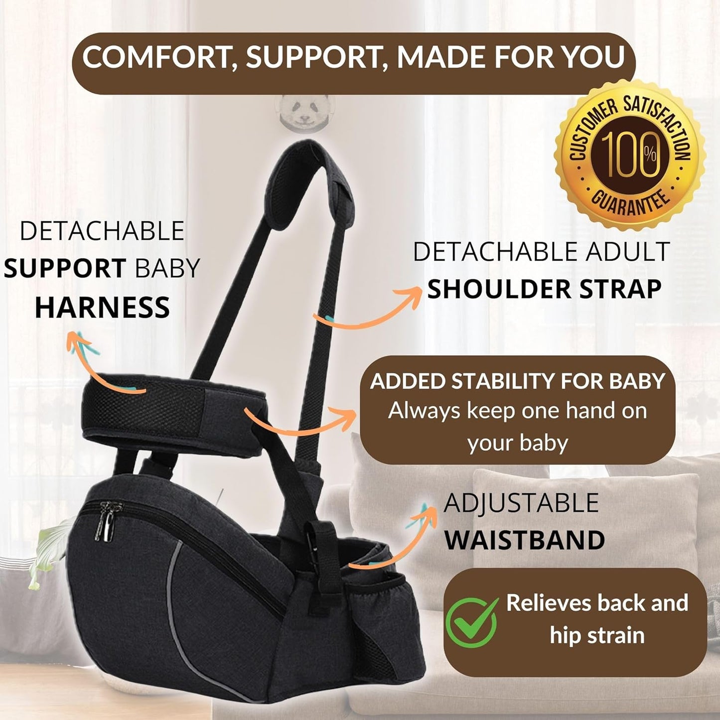 Baby Carrier with Hip Seat – Adjustable Waistband, Safety Harness & Storage Pockets – Detachable Shoulder Strap – Foldable Design for Newborns & Toddlers – Comfortable & Compact