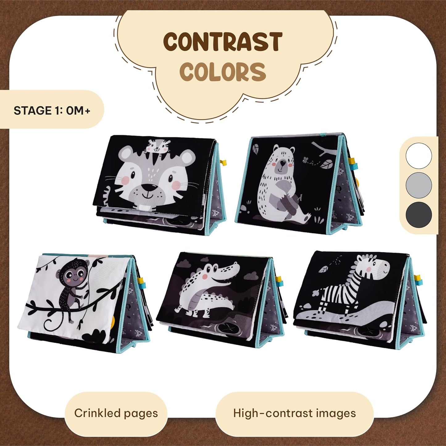 Tummy Time Mirror for Babies - High Contrast Baby Mirror Book with Silicone Teether & Crinkle Pages - Tummy Time Toys for Babies 0 3 6 9 Months