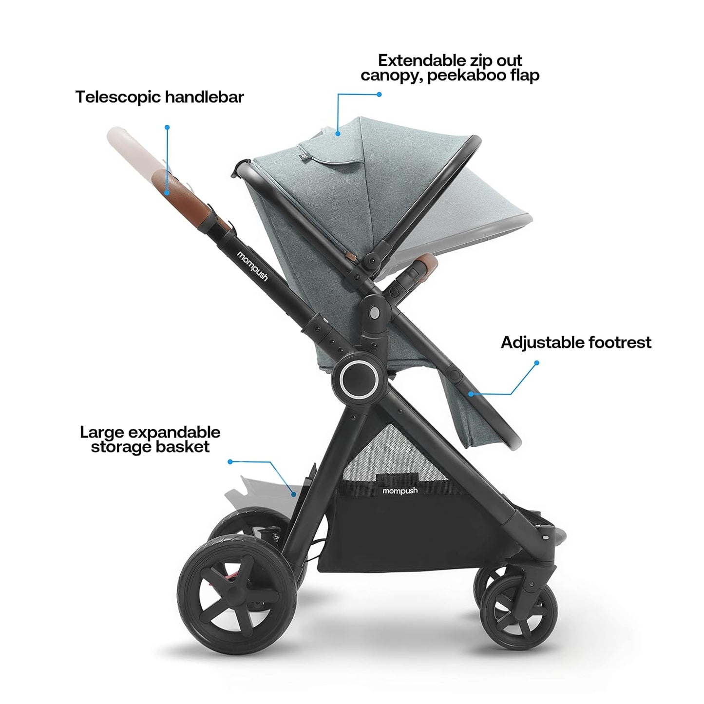 Mompush Ultimate2 Baby Stroller, Premium Convertible Full-Size Stroller for Toddler, Reversible Seat with One Hand Recline Adjustment, Car Seat Adapter Included