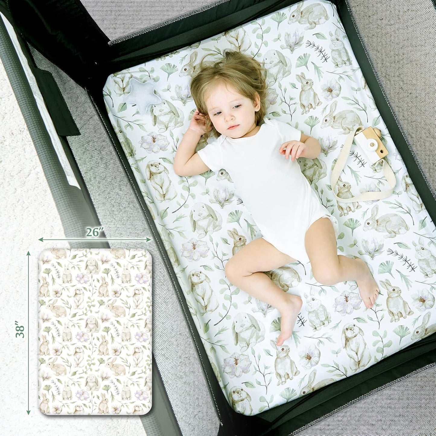 TCBunny 2 Pack Premium Fitted Baby 38X26 Mini Crib Sheets, Pack N Play Bassinet Sheets - Ultra-Soft 100% Cotton, Stylish Rabbit, and Garden Pattern, Safe and Snug for Baby