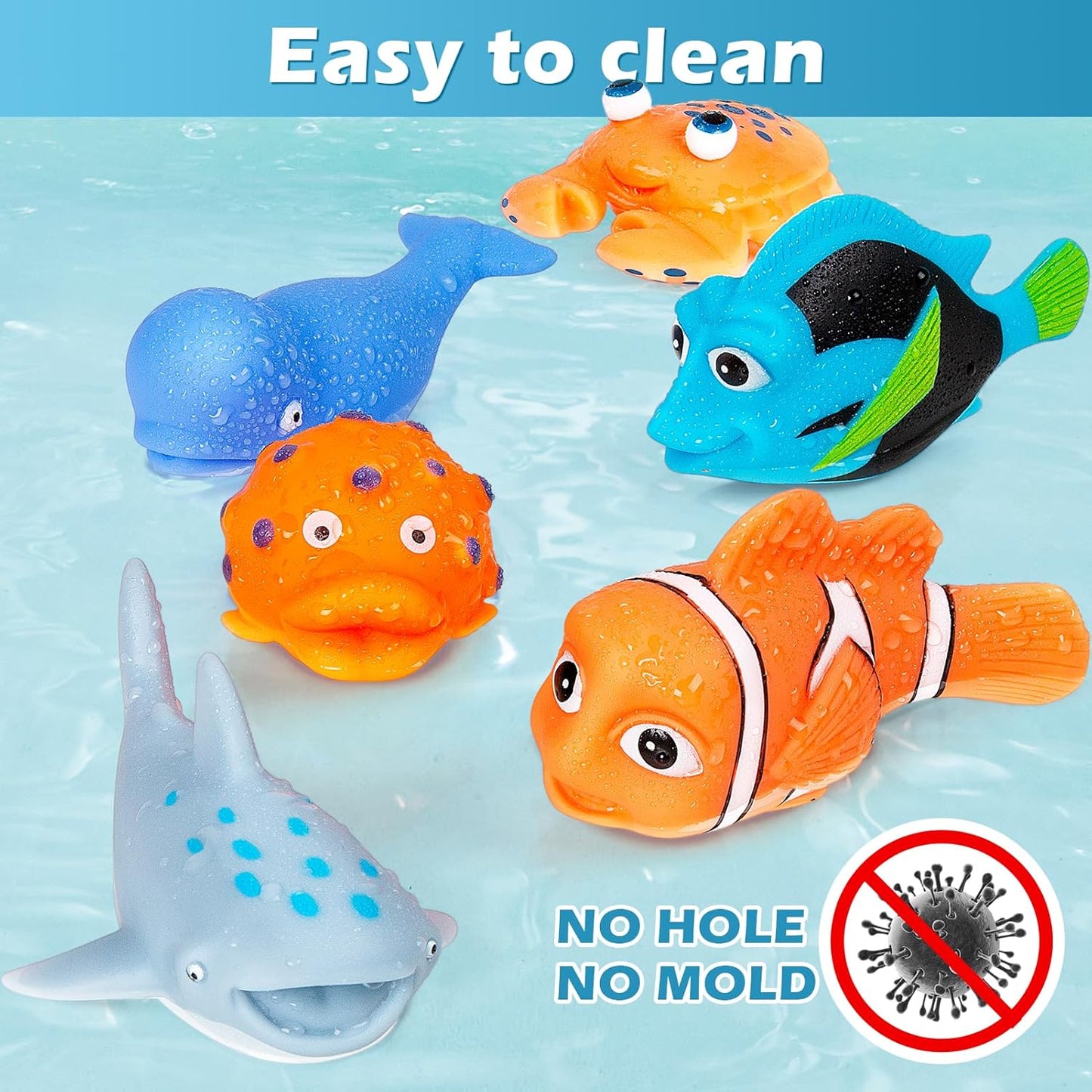 No Hole Mold Free Bath Toys for Toddlers 1-3, Water Toys for 6-12 Months Infants with Storage Bag, Baby Shark Toys for Pool, Bathtub, Beach, Shower, Tub, Kids Boys Girls