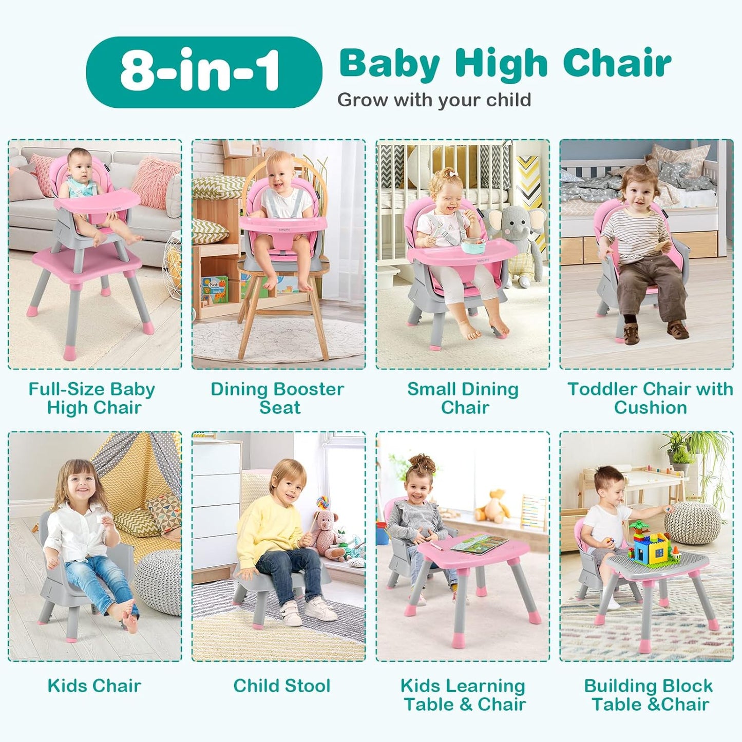BABY JOY Baby High Chair, 8 in 1 Convertible Highchair for Babies & Toddlers | Booster Seat | Table and Chair Set | Building Block Table | Toddler Chair with Safety Harness, Removable Tray (Pink)