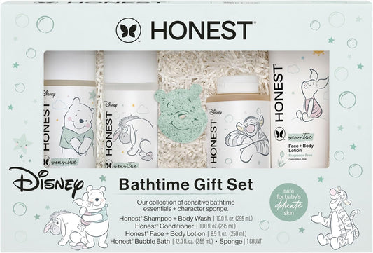 The Honest Company Fragrance Free Bathtime Gift Set + Disney Design | Hypoallergenic Bath Essentials for Sensitive Skin | Shampoo + Body Wash, Face + Body Lotion, Bubble Bath, Conditioner, Sponge