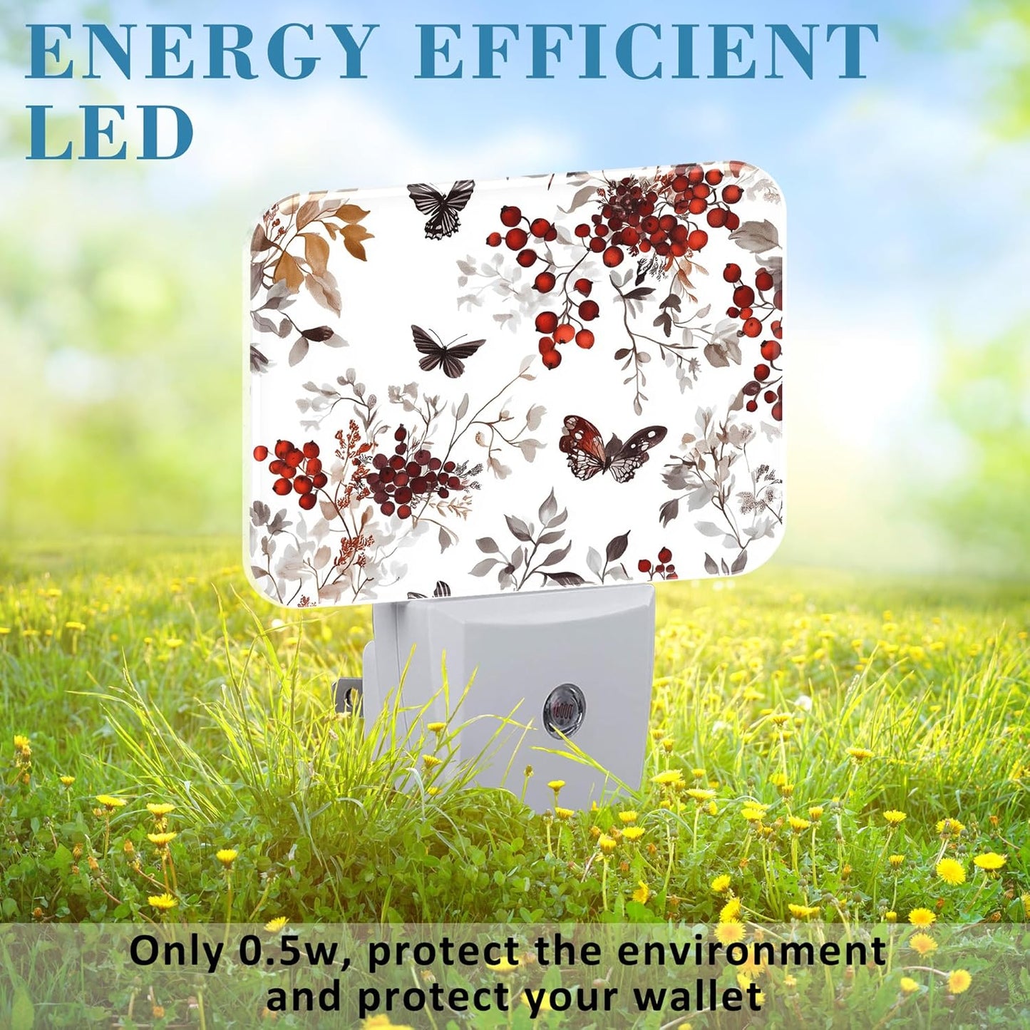 Vintage Wildflower Plants Night Light Plug into Wall, Butterfly Night Light with Dusk to Dawn Sensor for Kid Girls Boys Women Men Room, Hallway, Kitchen, Bathroom, Stairs Decor
