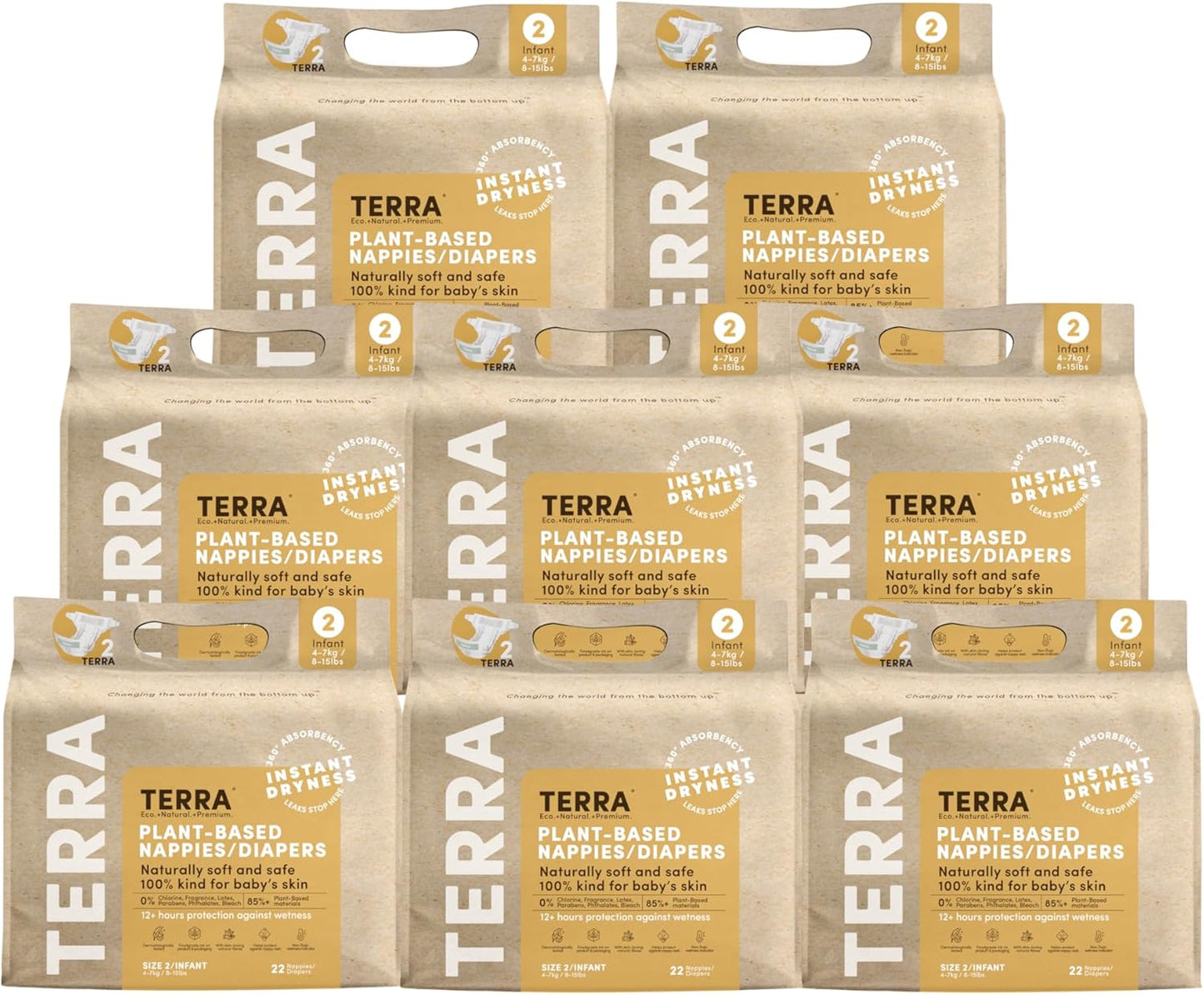 Terra Size 2 Plant-Based Diapers: Ultra-Soft & Chemical-Free, Superior Absorbency for Day or Night, 176 Count