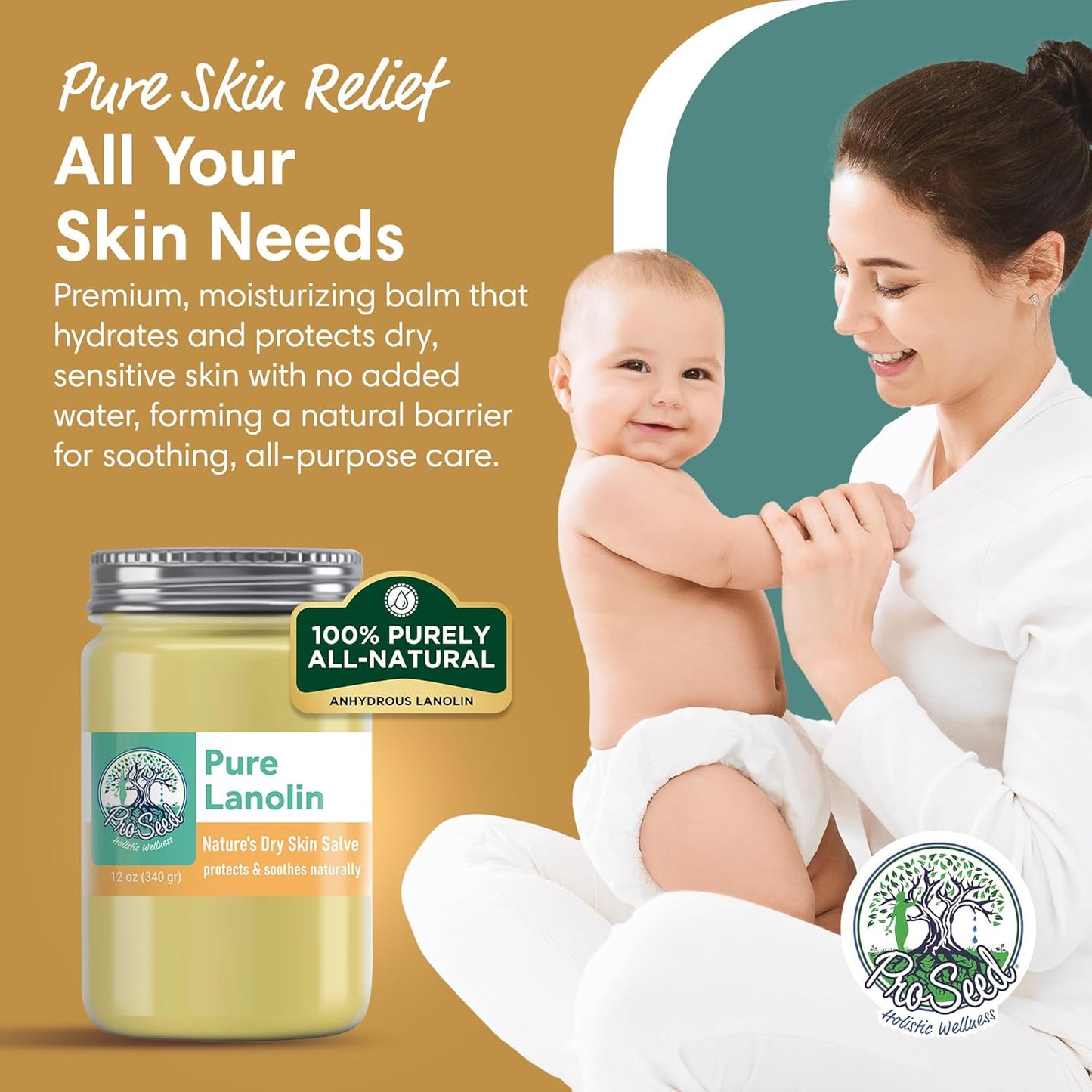 ProSeed Handmade Pure Lanolin Cream – Unrefined Balm for Dry Skin, Lips, Nursing & Baby Care – Gentle Moisturizer for Hands, Face & Pets – Petroleum-Free, 12oz Glass Jar