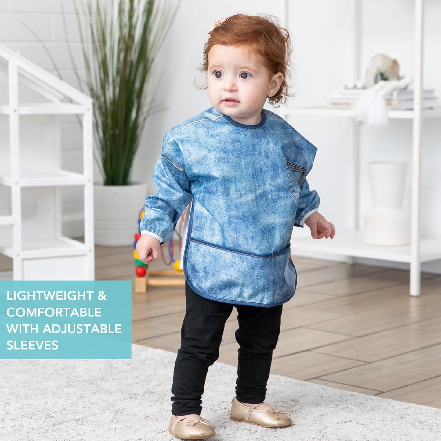 Bumkins Sleeved Bib for Girl or Boy, Baby and Toddler for 6-24 Mos, Essential Must Have for Eating, Feeding, Baby Led Weaning Supplies, Long Sleeve Mess Saving Food Catcher, Soft Fabric, Faux Denim