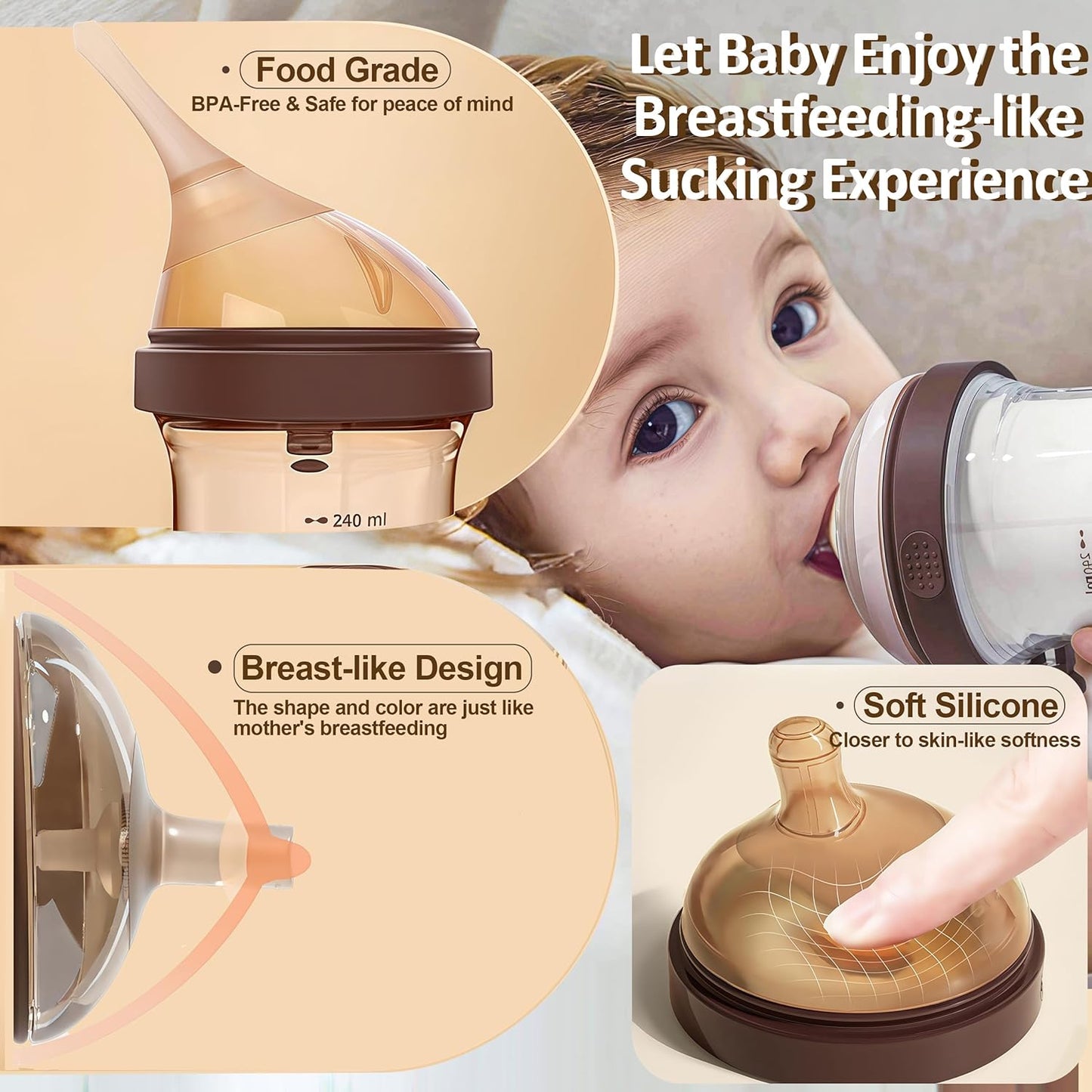 PPSU Baby Bottle, Bottles for Breastfed Babies with Handles and Straw, Flip-top Anti-Colic Baby Bottles 8oz/240mL 10+ Months