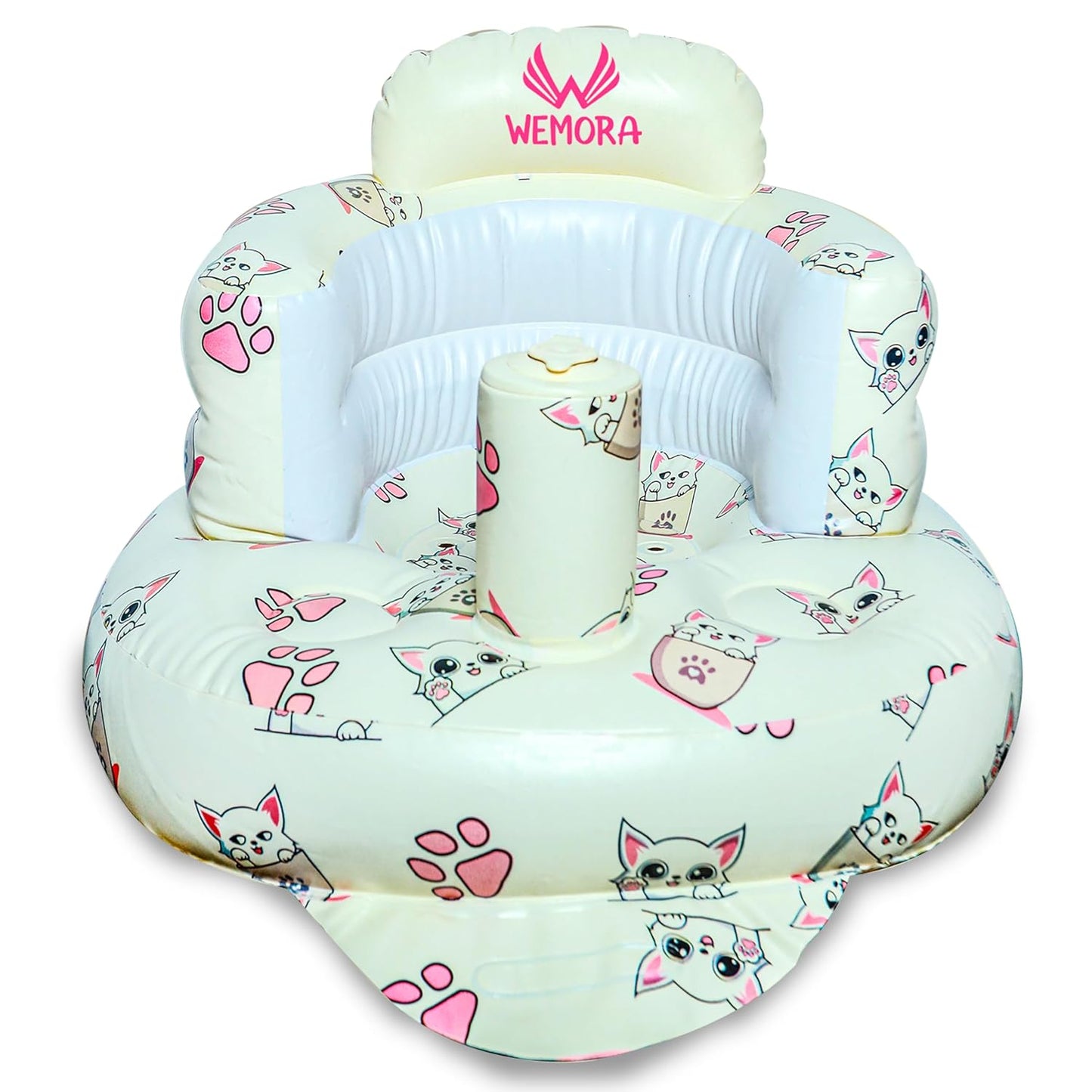 Inflatable Baby Seat for Babies 3-36 Months Blow Up Chair for Babies Infants Toddler Floor Sitting Up with Built in Air Pump (White, Cat)