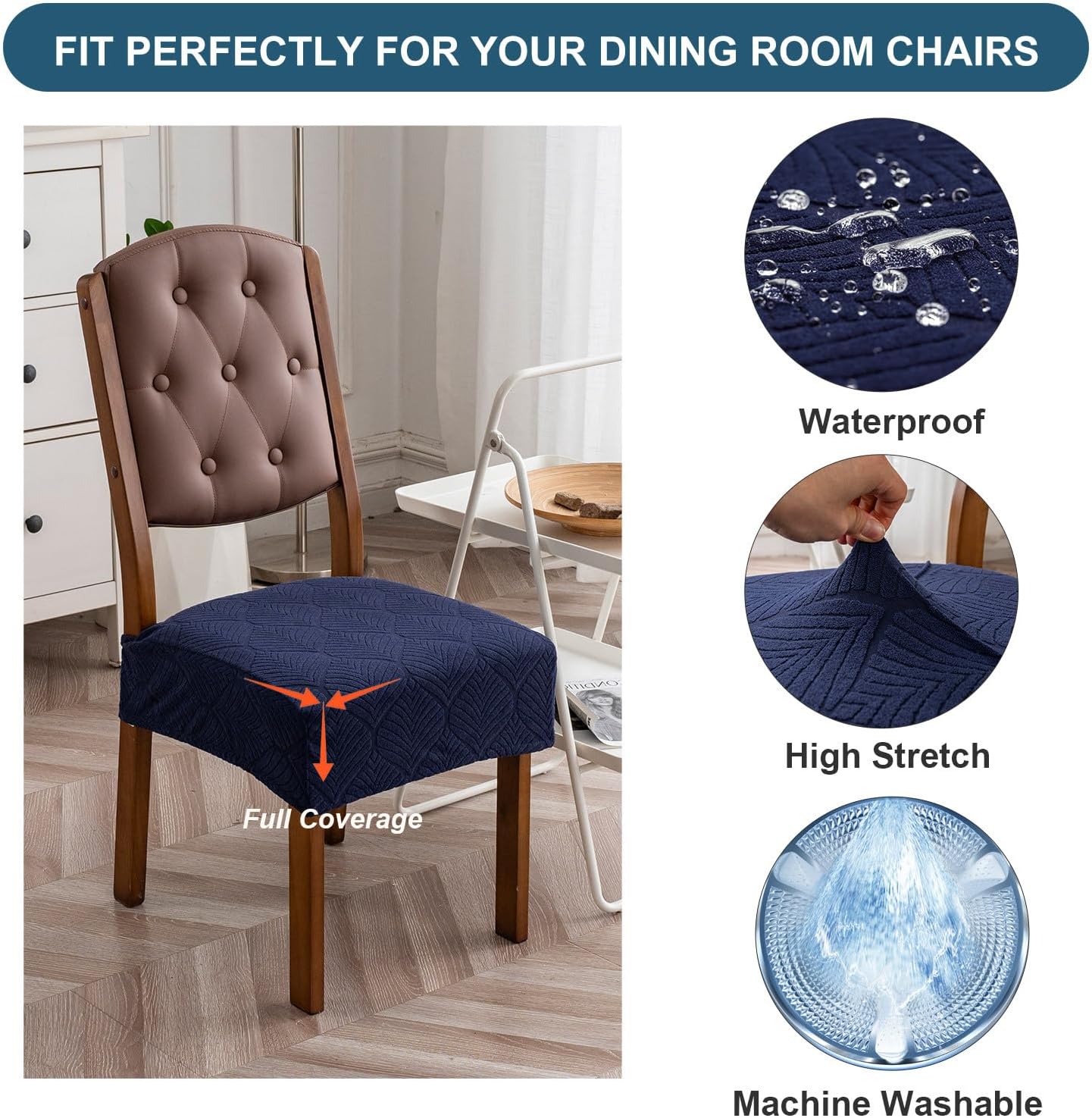 Removable Washable Dining Chair Seat Covers Set of 6,Stretch Jacquard Chair Seat Cushion Protector Slipcovers, Rear Covers