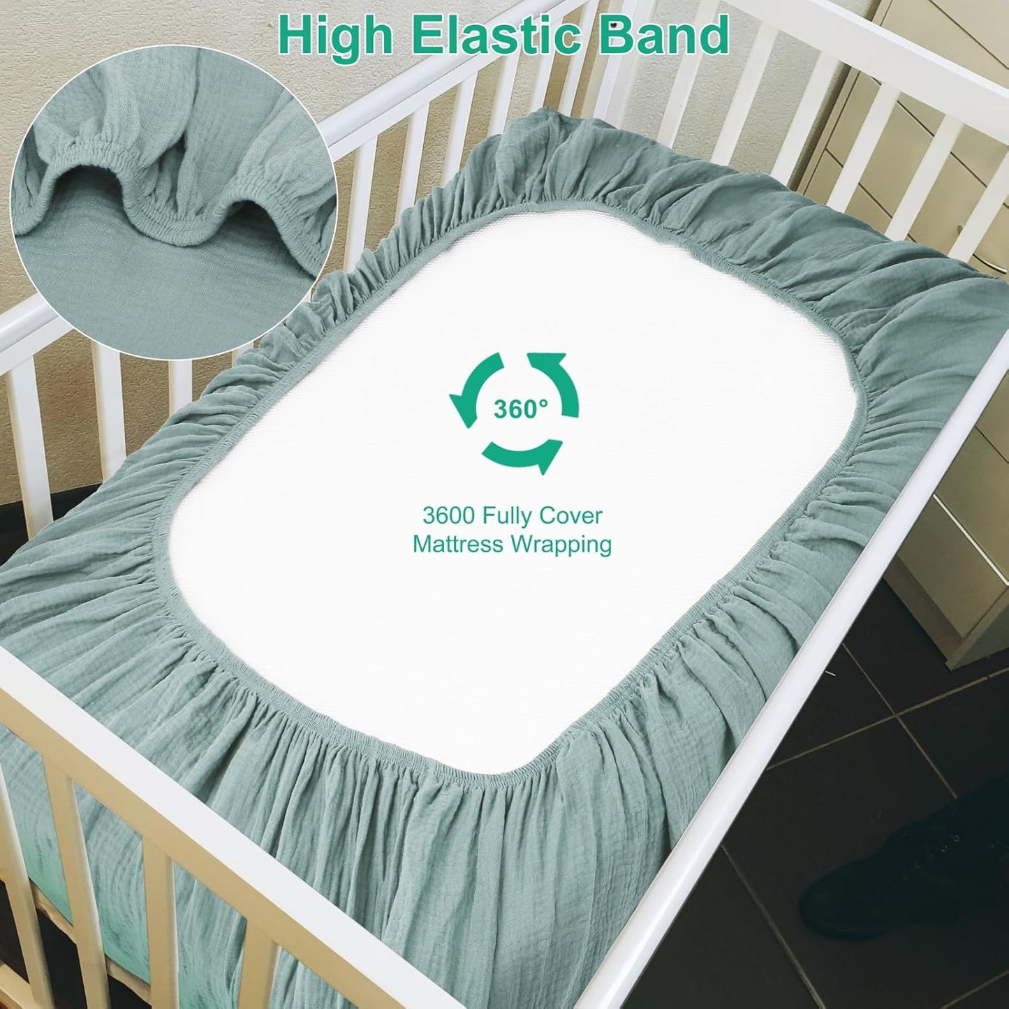 Muslin Fitted Crib Sheets for Girls & Boys-2 Pack 28"x 52" Soft Baby Mattress Sheet-No Slip Boho Neutral Breathable Toddler Cotton Bedding Sage Green & Beige