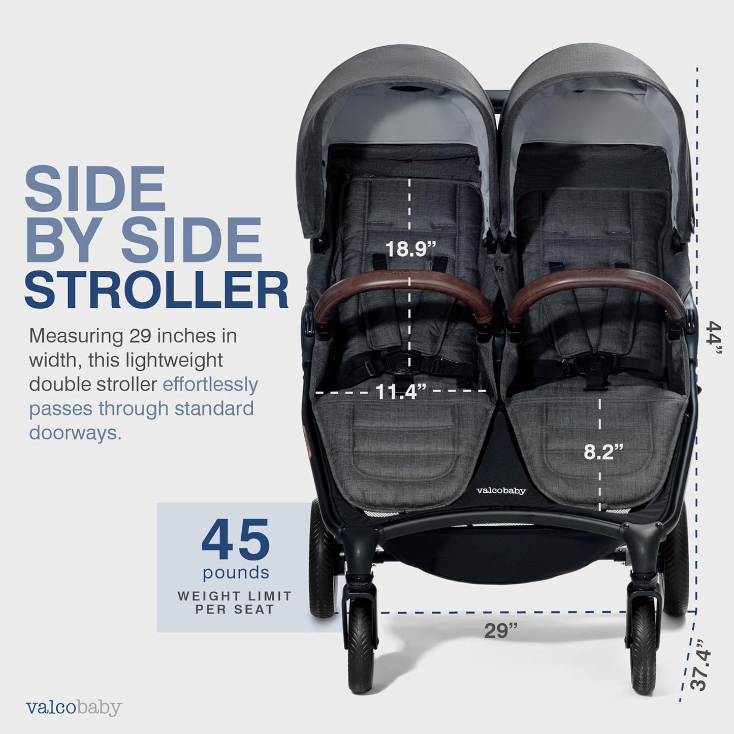 Valco Baby Trend Duo Light Weight Side by Side Double Stroller 2025(Charcoal) - Easy and Compact fold, Multi-Position Recline, Large Canopy, Independent Twin Vents and More - Luxurious Twin Pram