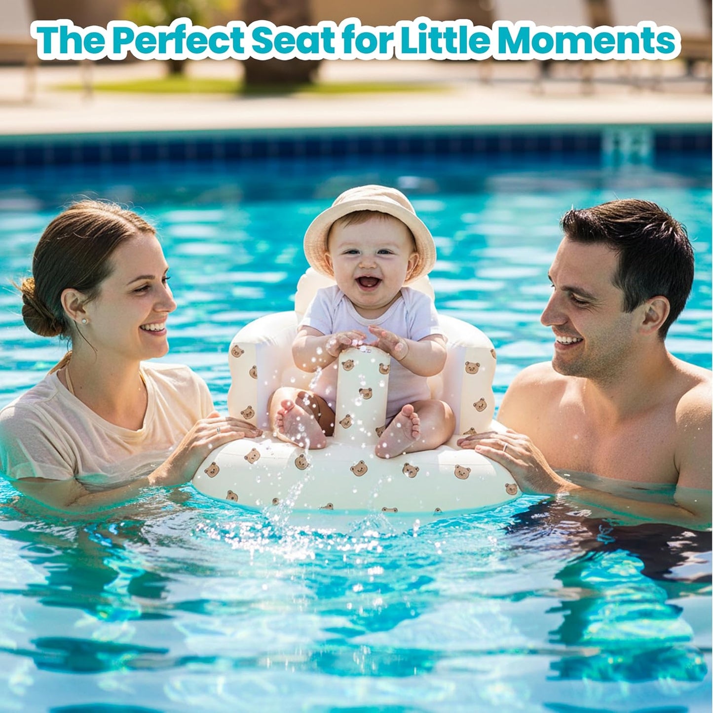 Inflatable Baby Seat for Babies 3-36 Months Blow Up Chair for Babies Infants Toddler Floor Sitting Up with Built in Air Pump (White, Bear Head)