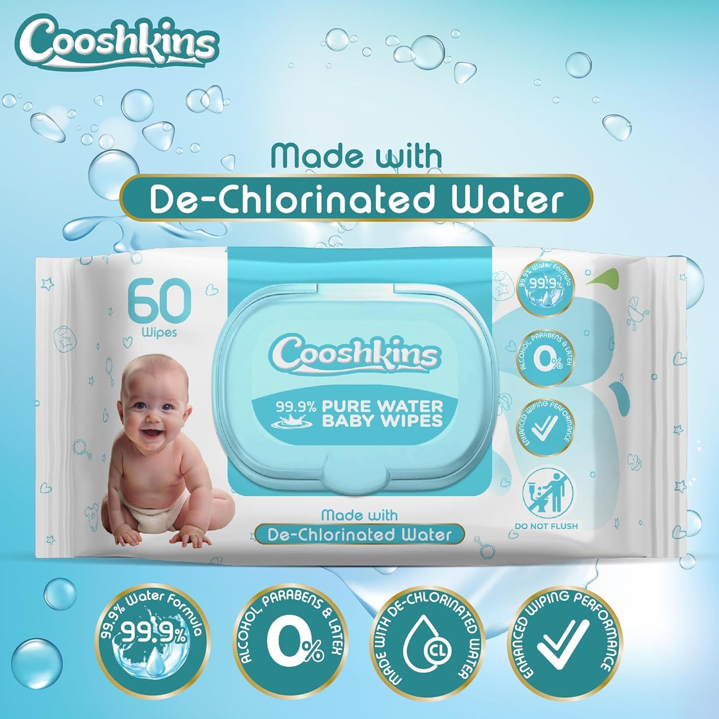 De-Chlorinated Pure Water Baby Wipes | Soft & Thick 60 Count (Pack of 1) Gentle Unscented Wipes for Sensitive Skin | 99.9% Pure Water Based | Alcohol-Free, Paraben-Free