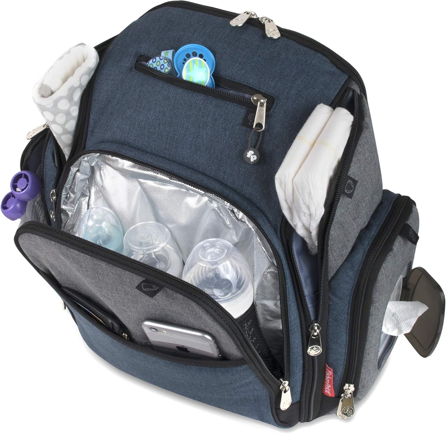 Fisher-Price Fastfinder 3 Piece Set Diaper Bag Backpack for Moms & Dads with Changing Pad and Wipes Pocket (Blue)