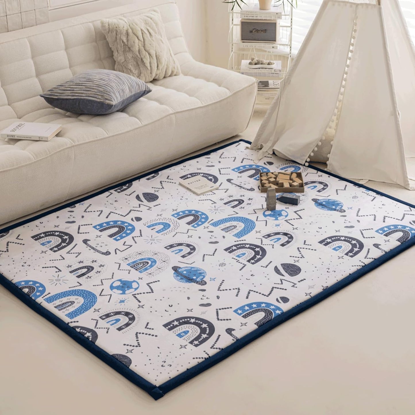 Loartee Rainbow Kids Play Mat - 1" Thick Baby Nursery Rug, Soft Crawling for Toddlers, Coral Velvet Memory Foam Tummy Time, Blue, 78"x94"