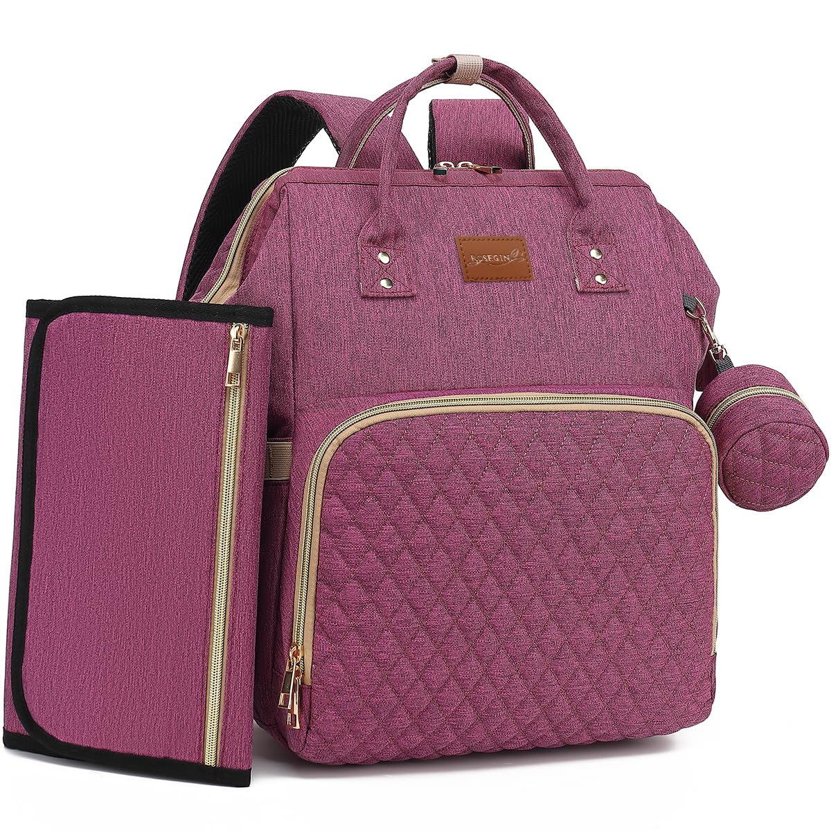 Diaper Bag Backpack with Changing Pad, Pacifier Case, Baby Bag for Boy Girl Toddler - Large, Stylish, Waterproof Travel Quilted Diaper Bag for Mom - Baby Shower - Purple
